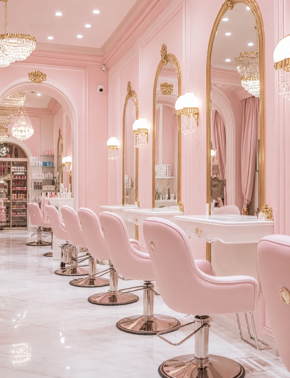 A bright, welcoming beauty salon fitted out in pink and gold